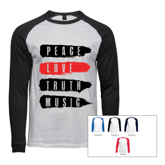 PEACE LOVE TRUTH MUSIC (B) LONG SLEEVE BASEBALL SHIRT